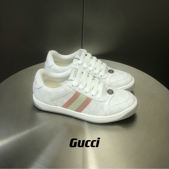 Gucci Women's White Sneakers with Pink and Green Stripes - Picture 1 of 6